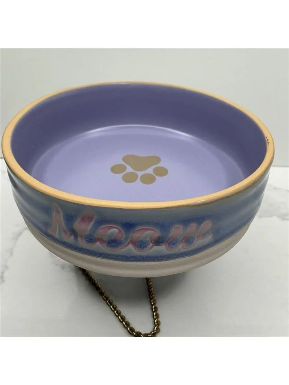 Spectrum Designz Cat Dish Ceramic Pet Bowl Purple Meow Paw Benton Cat 4.9” New